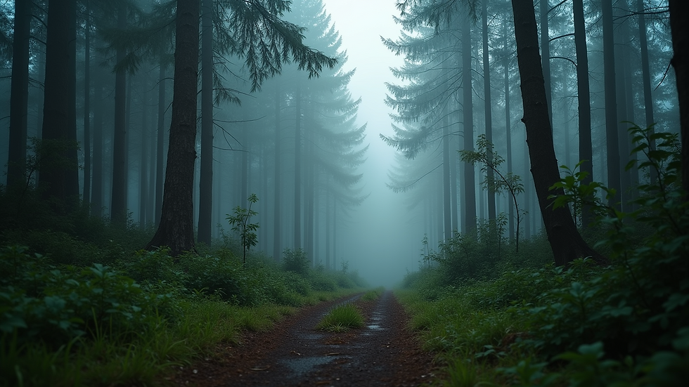 Eye-level view of a dense forest with a misty atmosphere