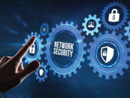 A hand points at blue digital gears labeled "Network Security" with lock icons. Dark background conveys a tech-focused mood.