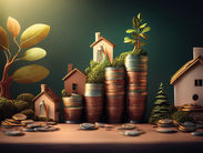 Stacked coins form towers with model houses and greenery, set against a dark background. Warm light highlights growth and prosperity.