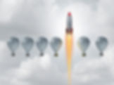 A rocket blasts skyward amid six stationary gray hot air balloons, set against a cloudy sky, symbolizing innovation and progress.