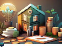 Model house with stacks of coins, plants, and papers in a dark setting. A light bulb and "PASS+ Certified" badge add emphasis on growth.