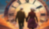 Elderly couple holds hands, walking towards a giant clock against a vivid sunset sky, symbolizing time and nostalgia.