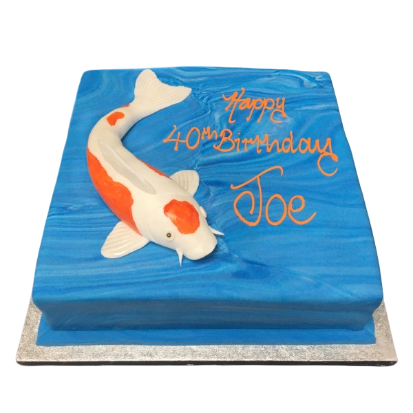 Bespoke celebration cake featuring a detailed koi carp fish design in Solihull, West Midlands.
