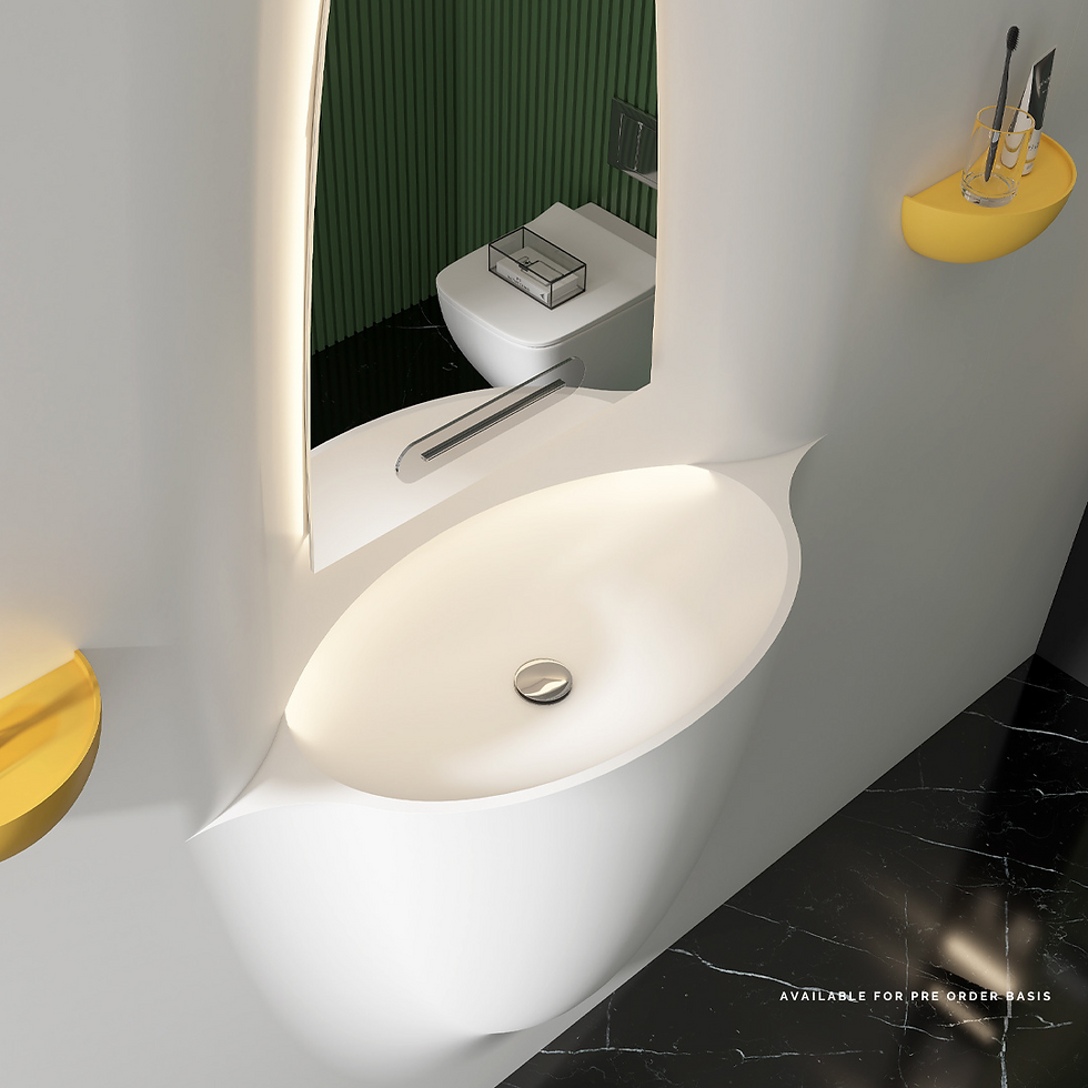 Modern bathroom with a white sink, sleek faucet, and green wall. Yellow shelf holds toiletries. Black marble floor. Text: Available for pre-order.
