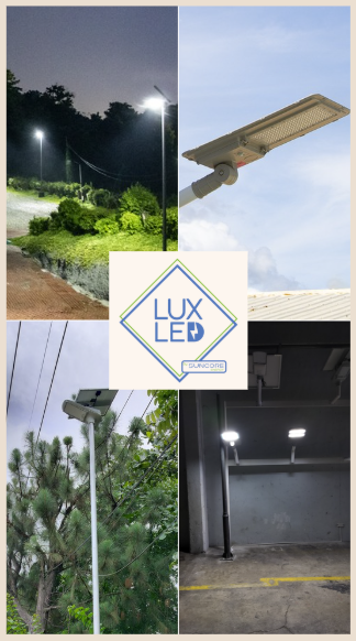 Collage of LED lights in various settings: night street, daytime sky, pine trees, and a parking area. Central logo reads "LUX LED."
