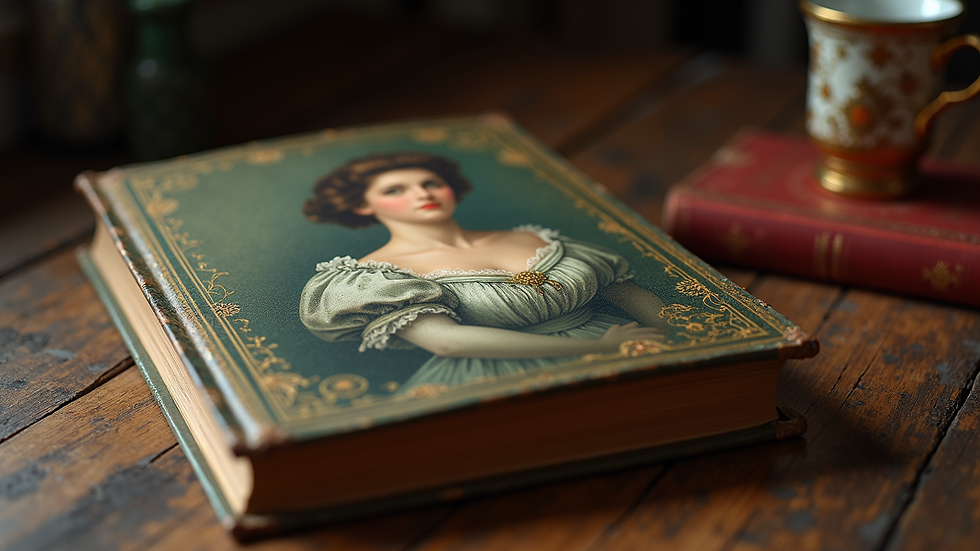 Eye-level view of a vintage book cover featuring a woman in 1890s attire
