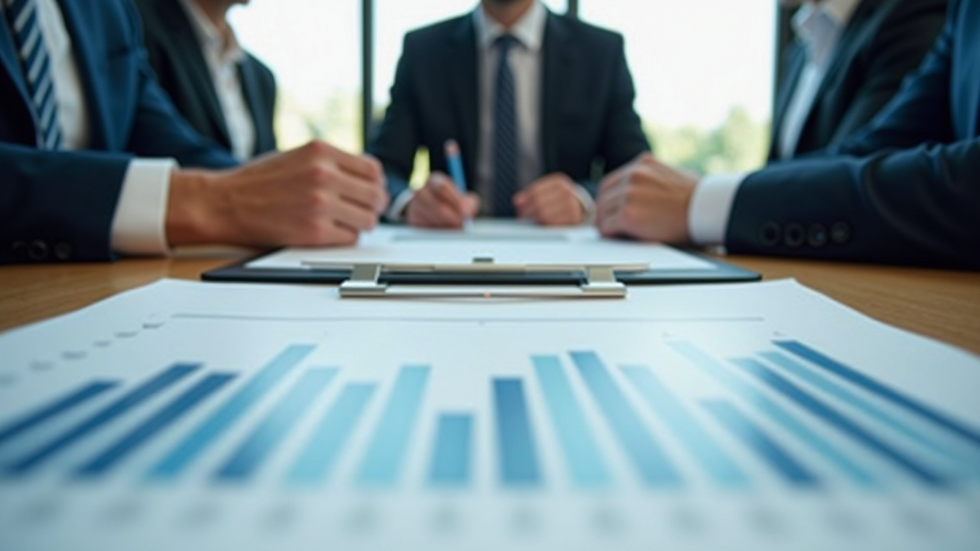 Eye-level view of a business meeting with financial charts on the table