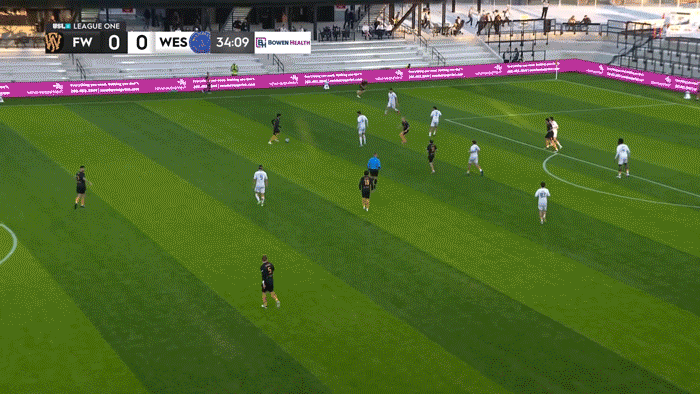 Wide broadcast view of a USL League One match between Ft. Wayne and Westchester SC during the 35th minute with the score tied 0-0. Ft. Wayne players in black work the ball down the left side of the attack while Westchester defenders in white drop back toward their penalty area. The referee in a bright blue shirt stands near midfield as fans watch from the stands in the background. The scoreboard graphic in the top-left corner displays “FW 0 - 0 WES” and the match clock at 34:09.