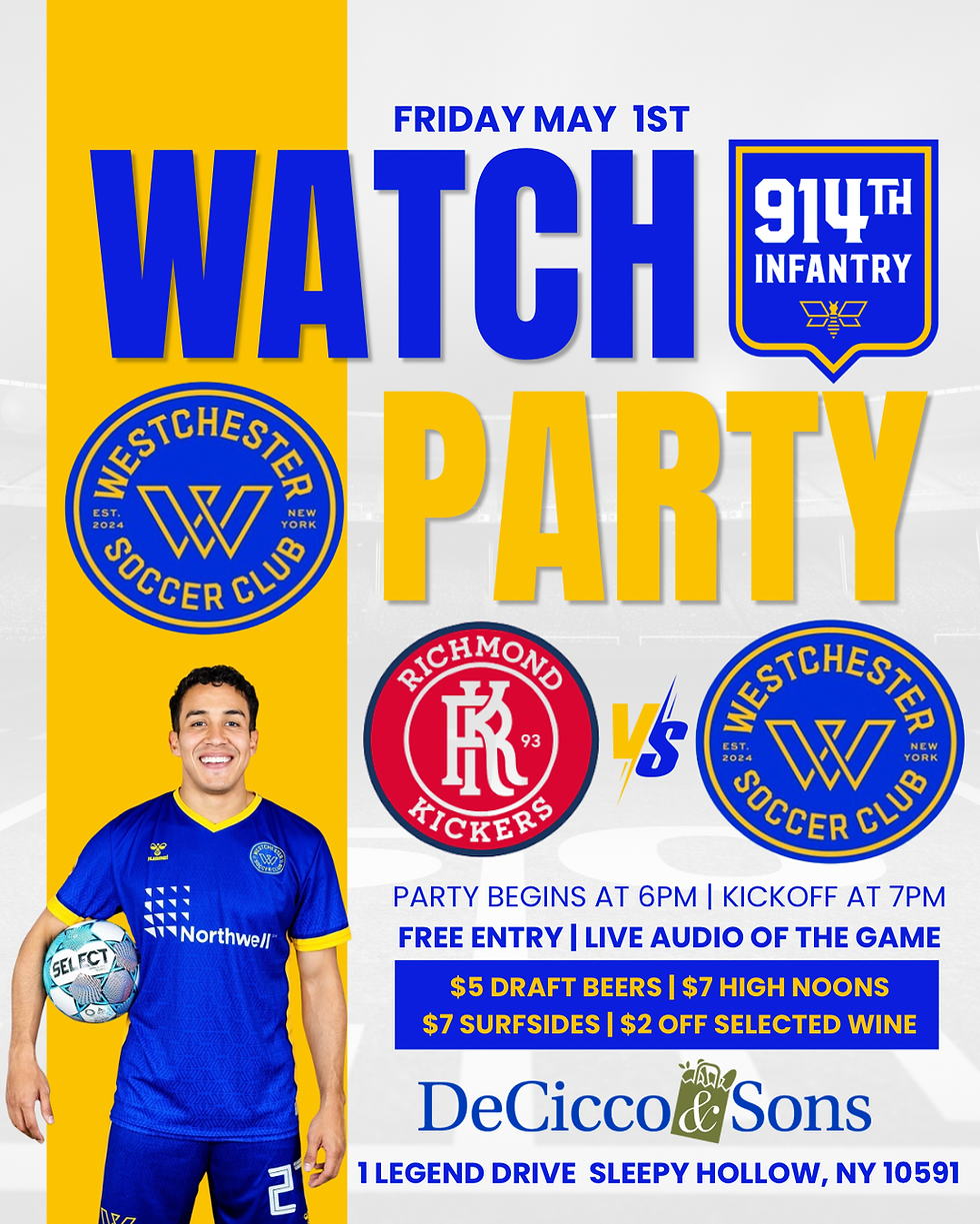 Promotional flyer for a Westchester SC watch party featuring match details against the Richmond Kickers, event time, drink specials, and location at DeCicco & Sons in Sleepy Hollow.