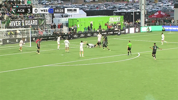 Athletic Club Boise scores during match against Westchester SC with players reacting in penalty area