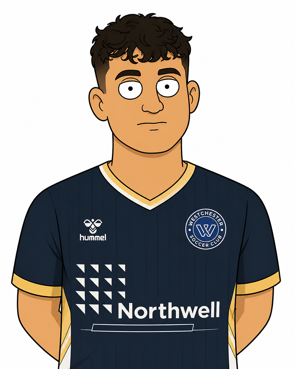 Family Guy-style cartoon portrait of Westchester SC goalkeeper Luca Marinelli wearing the club's navy blue goalkeeper kit with Northwell branding and Westchester SC crest.