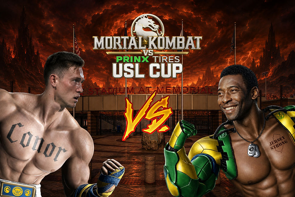 Stylized Mortal Kombat-inspired promotional graphic for a Westchester SC vs. New Jersey Cosmos match. A dramatic apocalyptic sky looms over Memorial Field stadium as two cybernetic fighters face off in front of a giant glowing “VS” graphic. On the left, a blue-and-yellow themed fighter representing Westchester SC wears blue wraps and armor accents inspired by the club’s colors. On the right, a green-and-yellow cybernetic fighter modeled after Pelé and themed around the Cosmos stands with Brazilian-colored robotic arms and “JERSEY STRONG” tattooed across his chest. Mortal Kombat-style logos and the USL Jägermeister Cup branding appear at the top, while flames, smoke, and glowing effects create the atmosphere of a classic 1990s arcade fighting game.