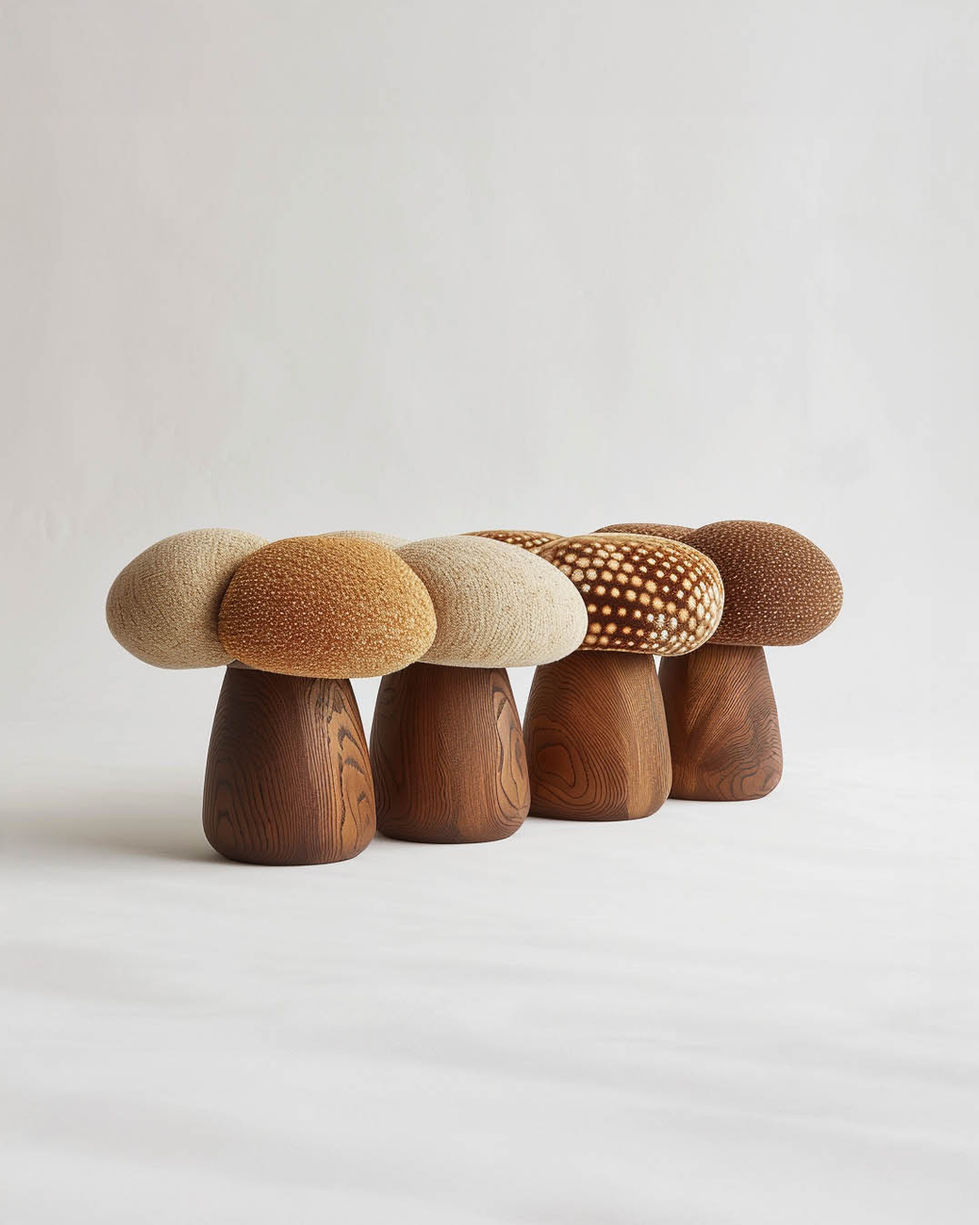 Mushroom bench Type B, upholstered seat on rounded solid wood legs – upholstered mushroom bench