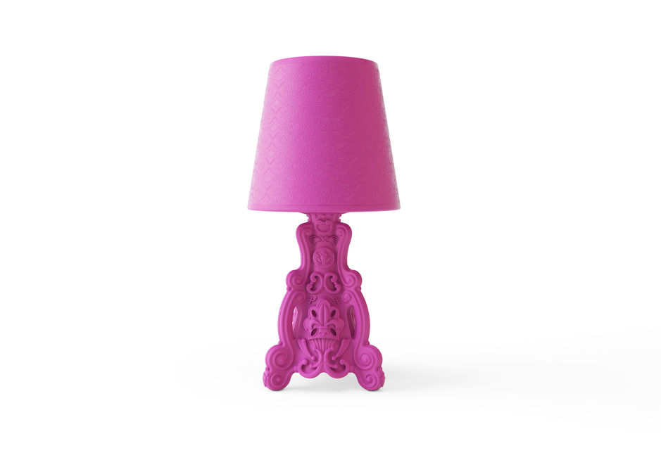 Lady of Love table lamp by Moro & Pigatti for Slide Design — bold pink Baroque-style base with white shade, made in polyethylene using rotational moulding technology in Italy