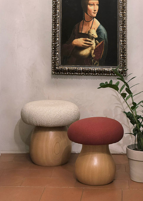 mushroom shaped stool, upholstered pouf with wooden base, small sculptural seating, essentials fabric designer pouf, chestnut wood modern stool, nature inspired ottoman, handcrafted pouf with hidden reinforcement, Italian made accent stool, minimalist soft seating, round forest mushroom pouf