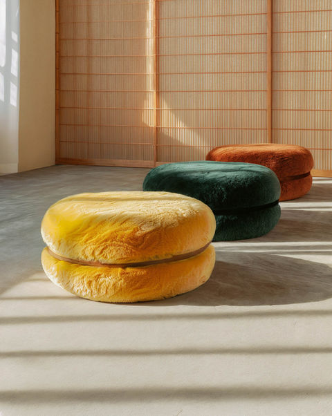macaron inspired pouf, layered cylindrical ottoman, soft stackable seat, compact designer pouf Italy, MM Essentials upholstered stool, playful modern pouf with contrast tones, round accent pouf for interiors, minimalist double height cushion, eco conscious fabric pouf, contemporary sculptural soft seating
