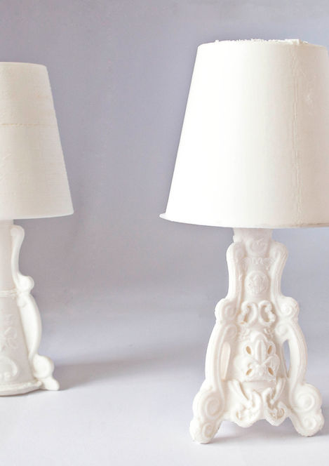 Lady of Love table lamp by Moro & Pigatti for Slide Design — bold pink Baroque-style base with white shade, made in polyethylene using rotational moulding technology in Italy