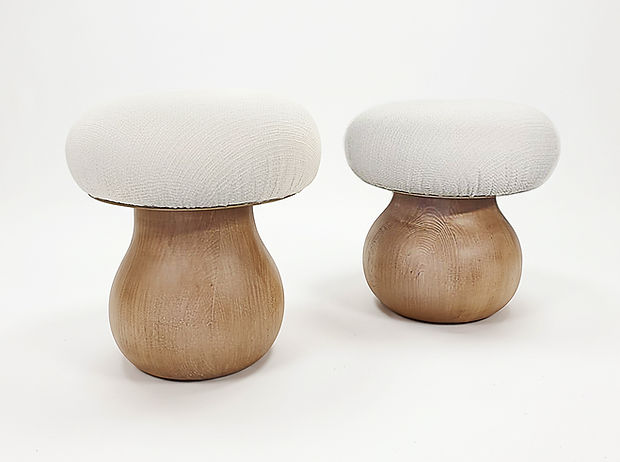 MM Mushroom stools Mykonos, whitewashed chestnut stools, Italian designer stools, upholstered sculptural stools, Matteo Mugnai Mushroom stool, designer furniture Greece