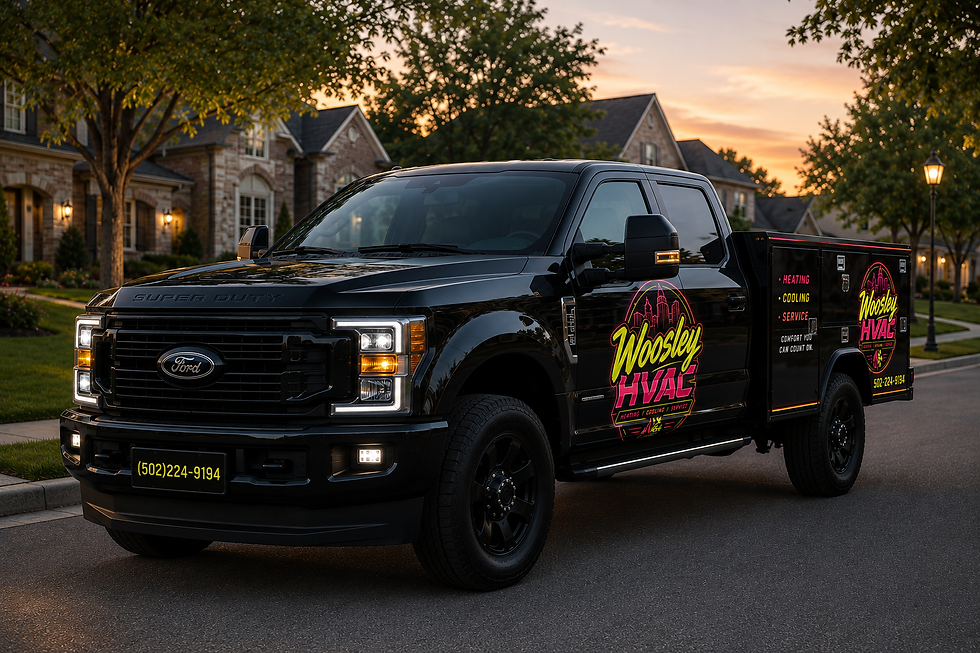 Owner or technician standing near a black Woosley HVAC truck