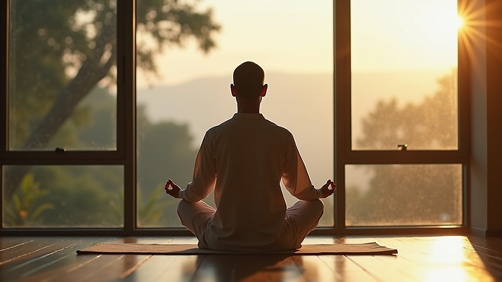 Eye-level view of a person meditating in a serene environment
