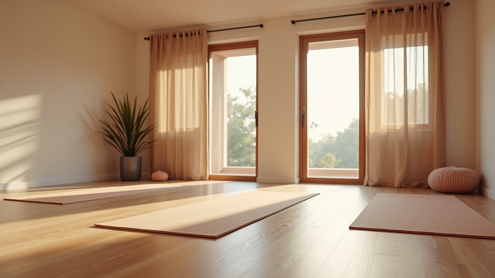 Eye-level view of a serene yoga studio with mats and calming decor