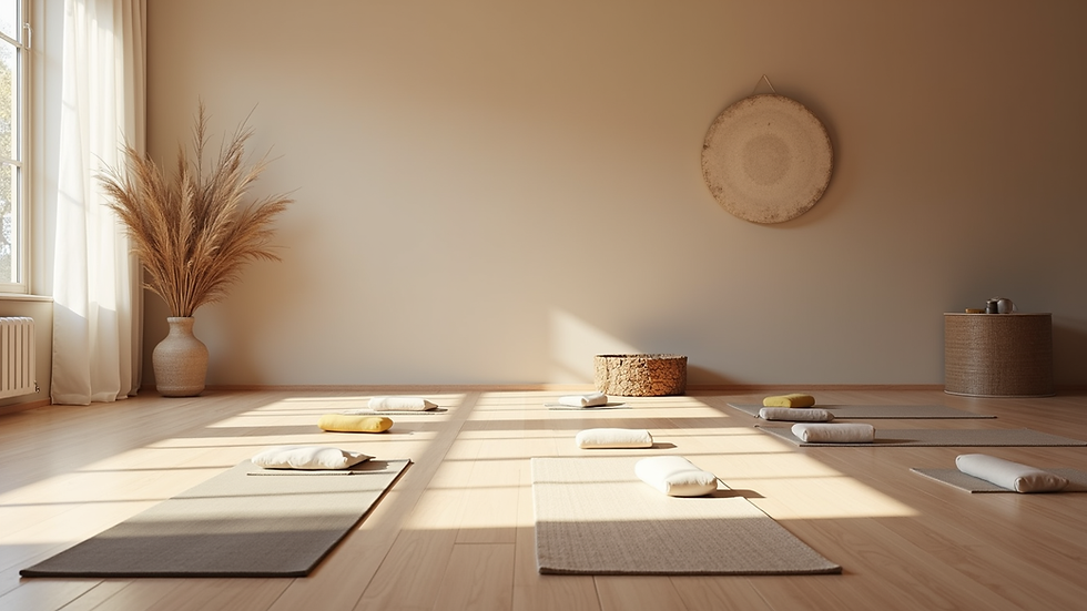 Eye-level view of a serene yoga space with mats and calming decor
