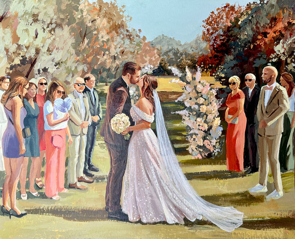 Live painting from Elisabeth Gecius, couple kissing, guests cheering and clapping