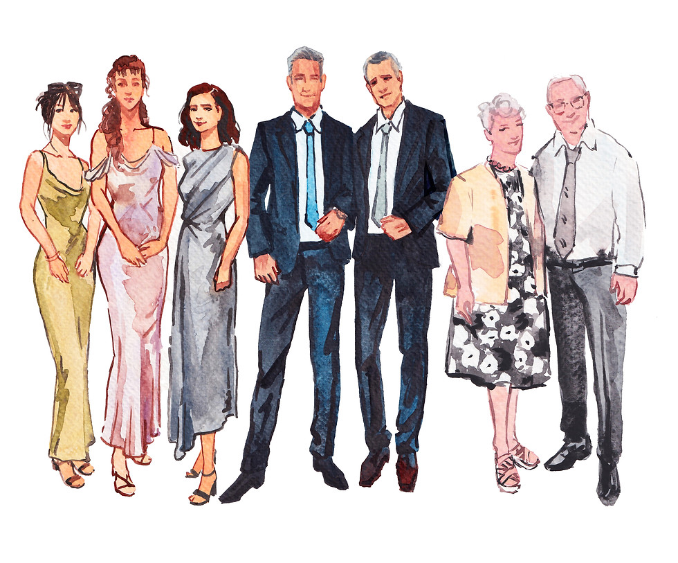 Live illustration in watercolour by artist Olga Lo, wedding guests illustrated