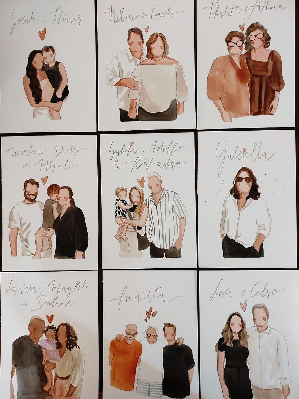 9 guest illustrations examples, one of one person, some of couples or per two people, a few of three people, in watercolour with their names