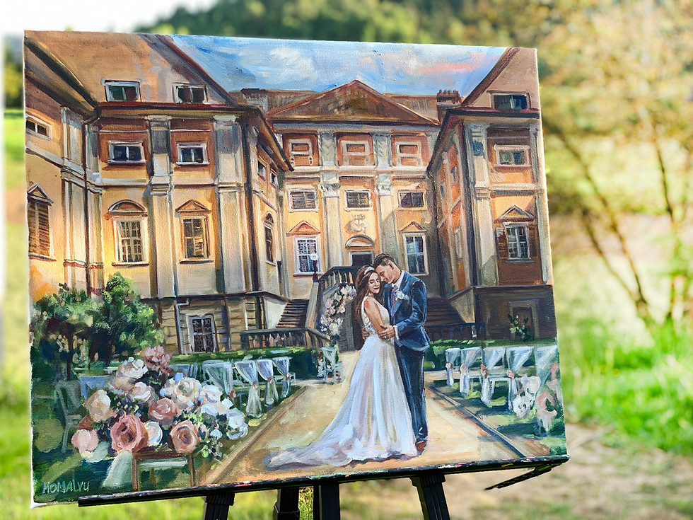Painting of couple next to flowers, in background castle