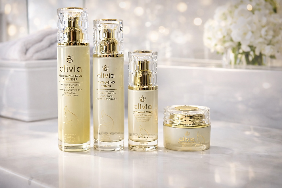 Eye-level view of skincare products with green leaves in the background