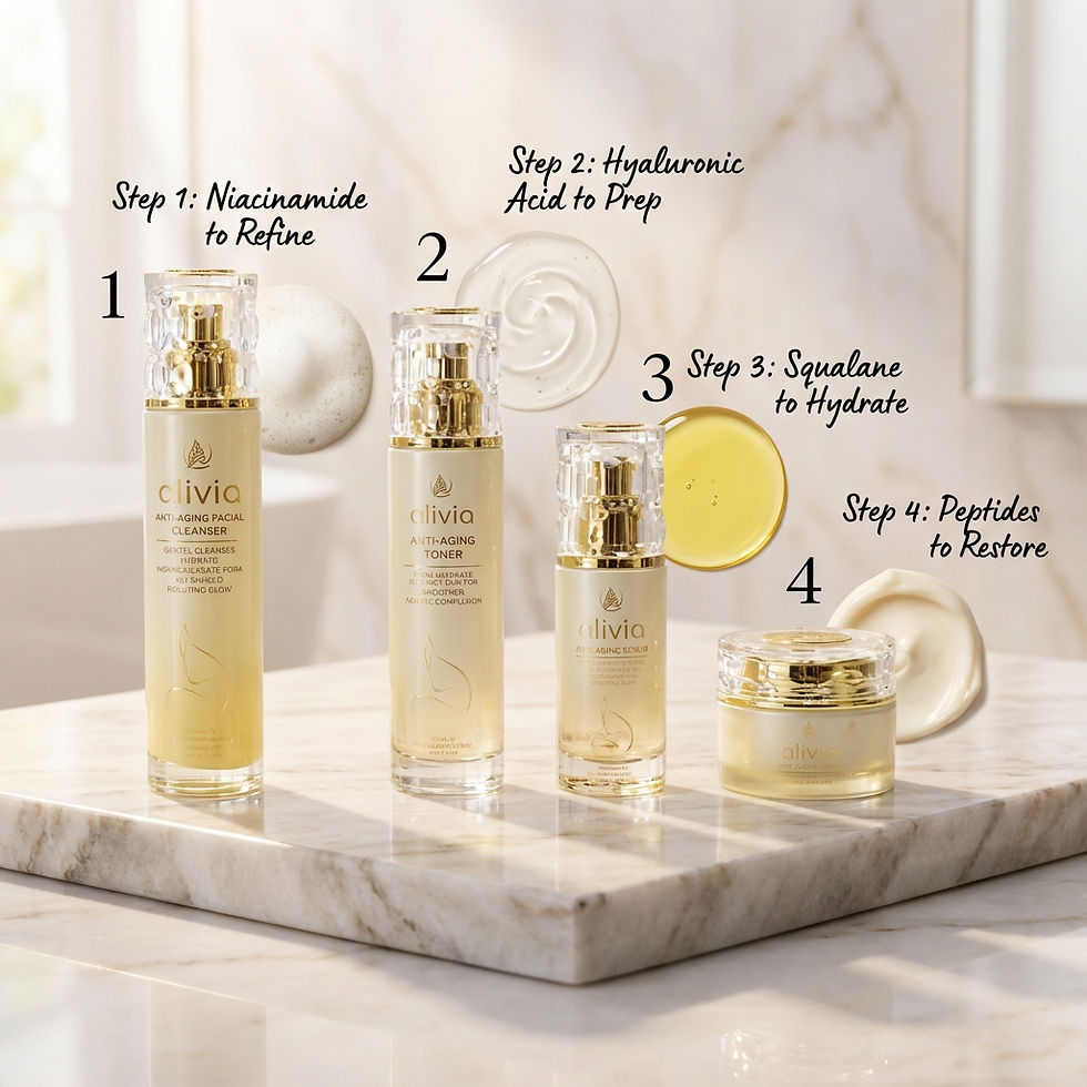 Close-up view of skincare products arranged on a wooden surface