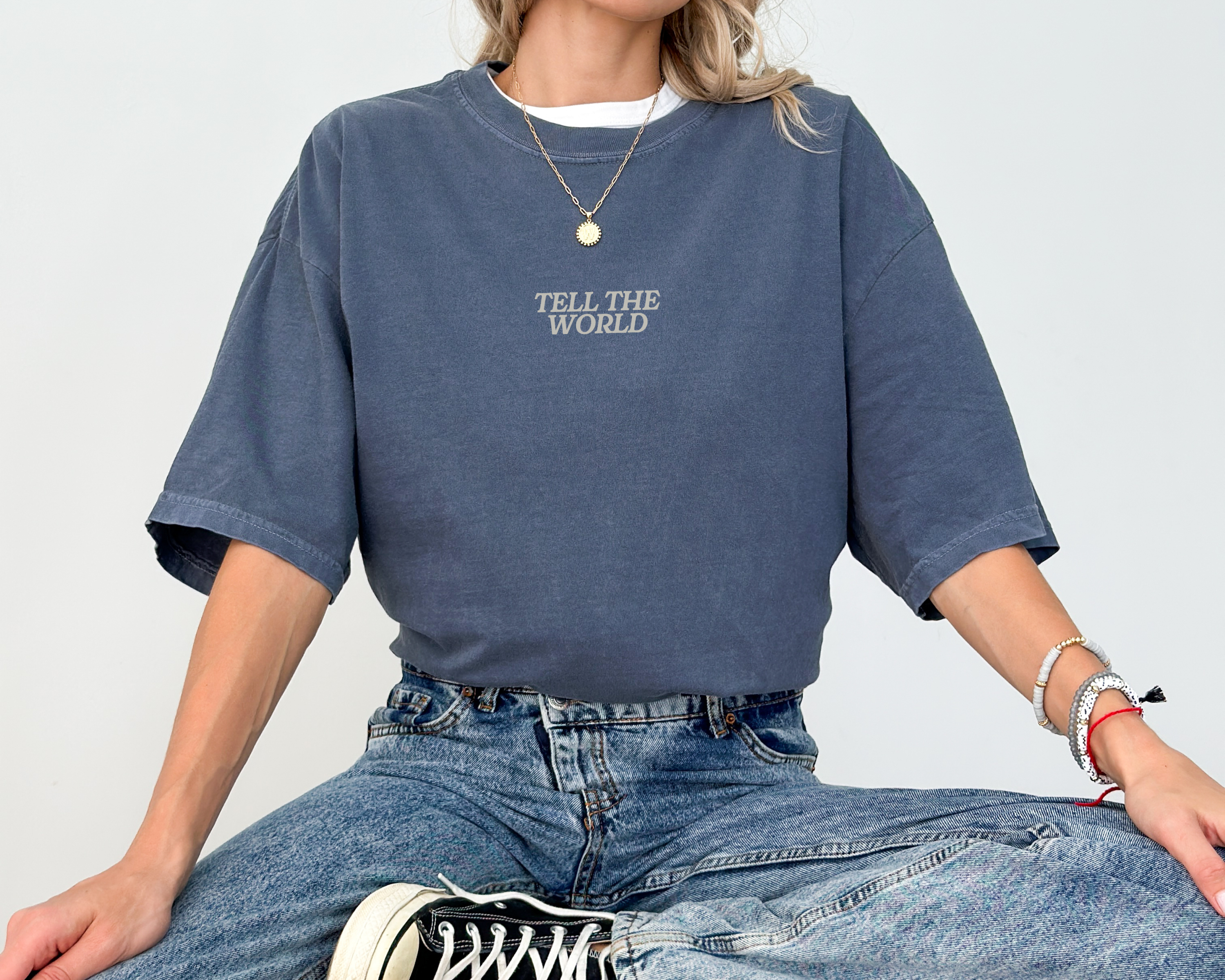 denim blue vintage look t shirt for men and women. 100% cotton premium heavy weight tee for every day wear. super soft and co