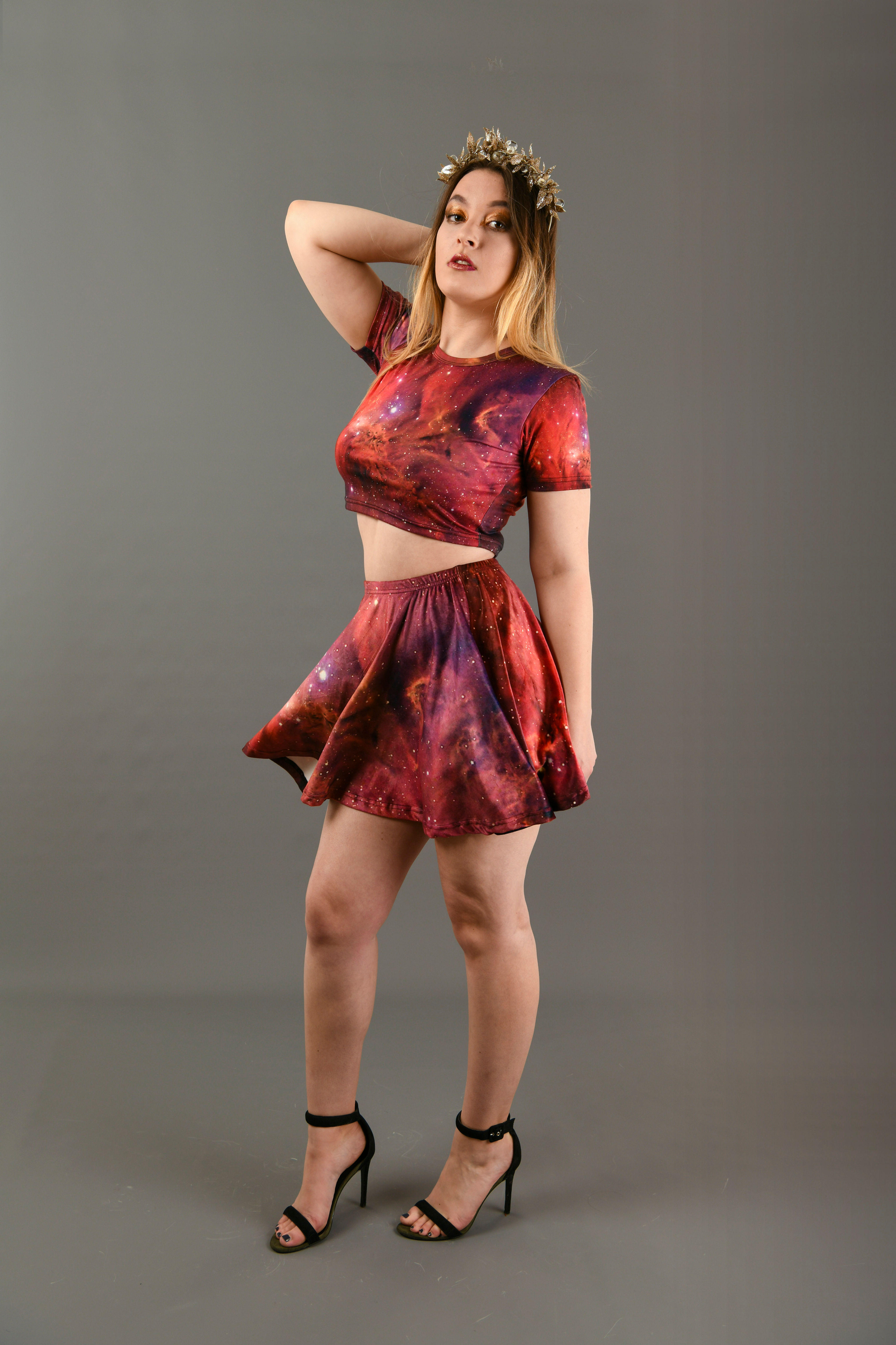 Red Galaxy Velvet Skater Skirt