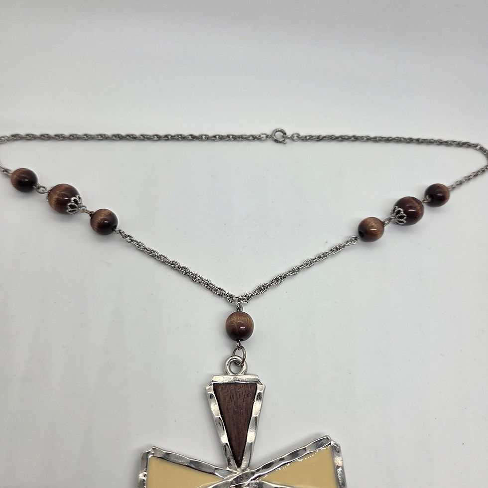 Thumbnail: Silver Tone Handcrafted Wooden Inlay and Beaded Chain Cross Necklace