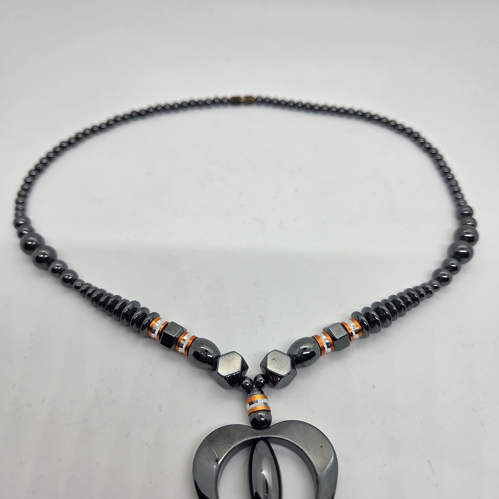 Thumbnail: Vintage Beaded Hematite Open Heart Pendant Necklace