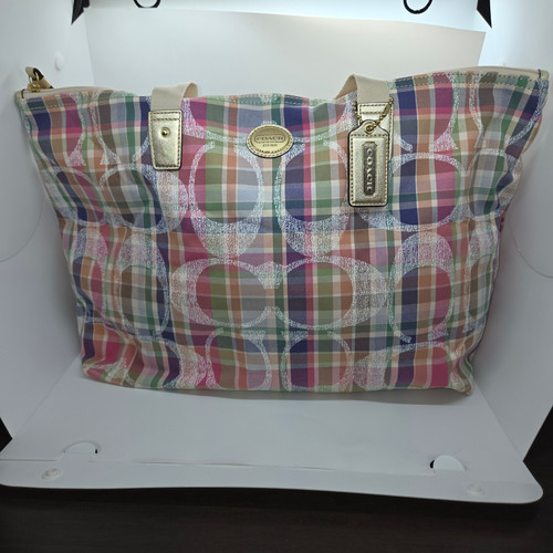 バッグ COACH poppy madras tote bag Coach Poppy Madras Tote Plaid Pattern/Metallic | 2nd is the New 1st