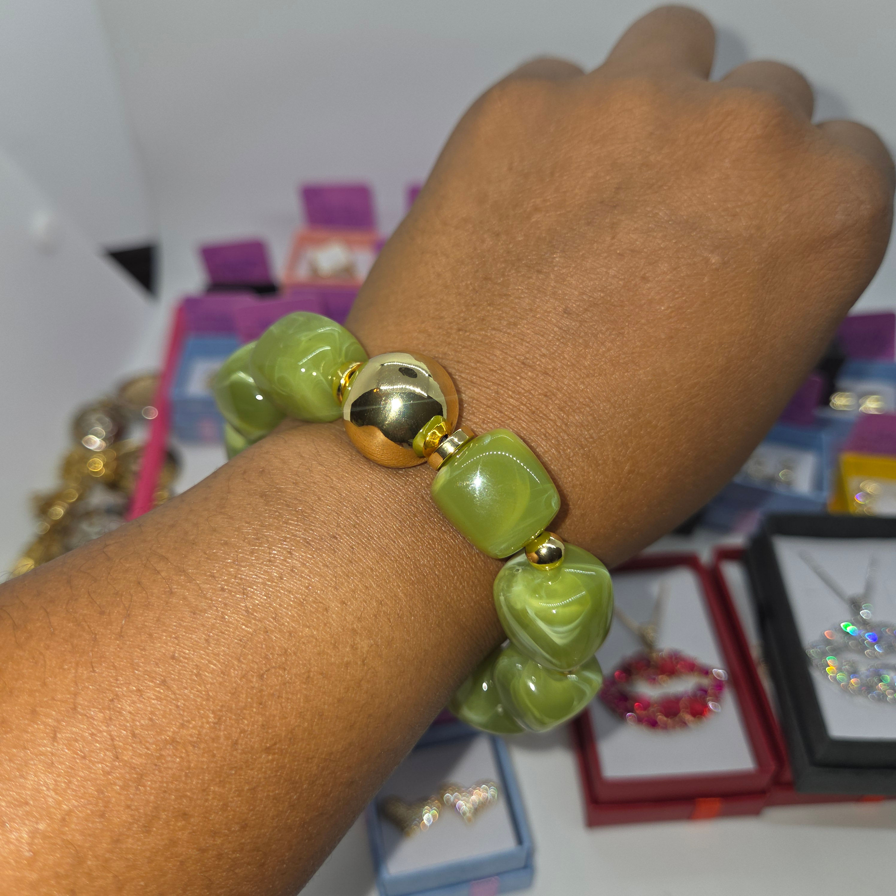 16k Gold Filled 8mm Green Marble Stretch Bracelet