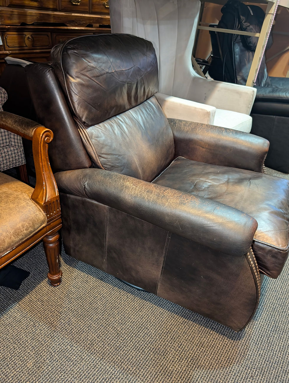 Thumbnail: Brown Leather Power Recliner Featuring Distress Upholstery Nailhead Trim 