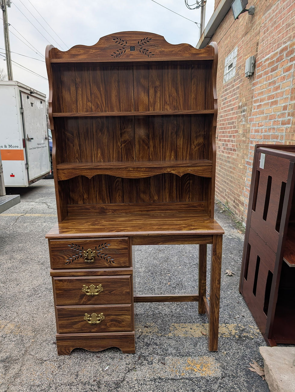 Thumbnail: Vintage Style Dark Brown Wood Desk With Hutch & 3 Drawers 