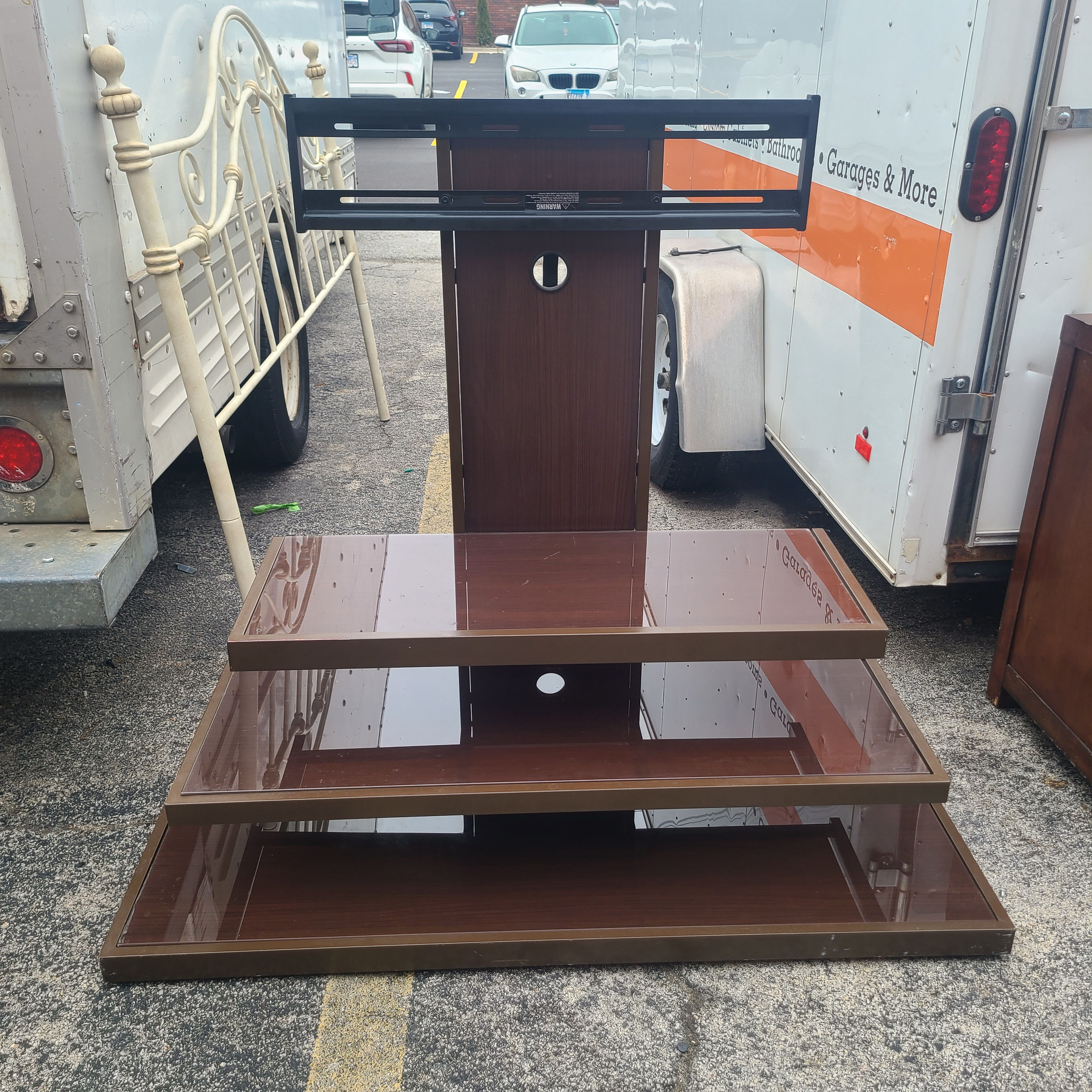 Large Brown 3 tiered Glass TV Stand with Mount