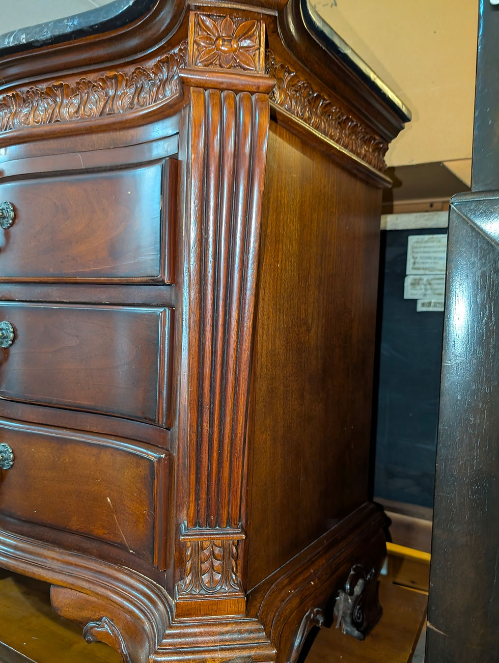 Thumbnail: Vintage 3 Drawer Dark Marble Top Ornate Hardware Nightstand 