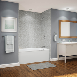 Taupe stone acrylic shower surround panels with glass doors.