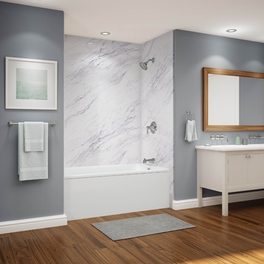 Calacatta style acrylic shower wall panels in tub shower combo.