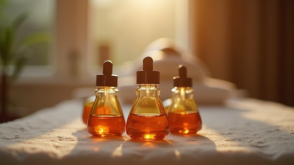 Eye-level view of a Hijama therapy setup with cups and essential oils