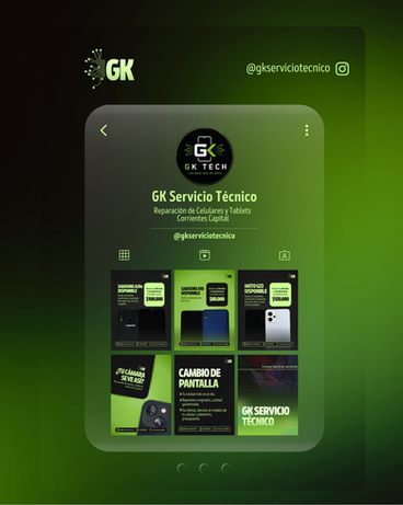 Diseño de feed para GK servicio técnico en tonos negro y verdes