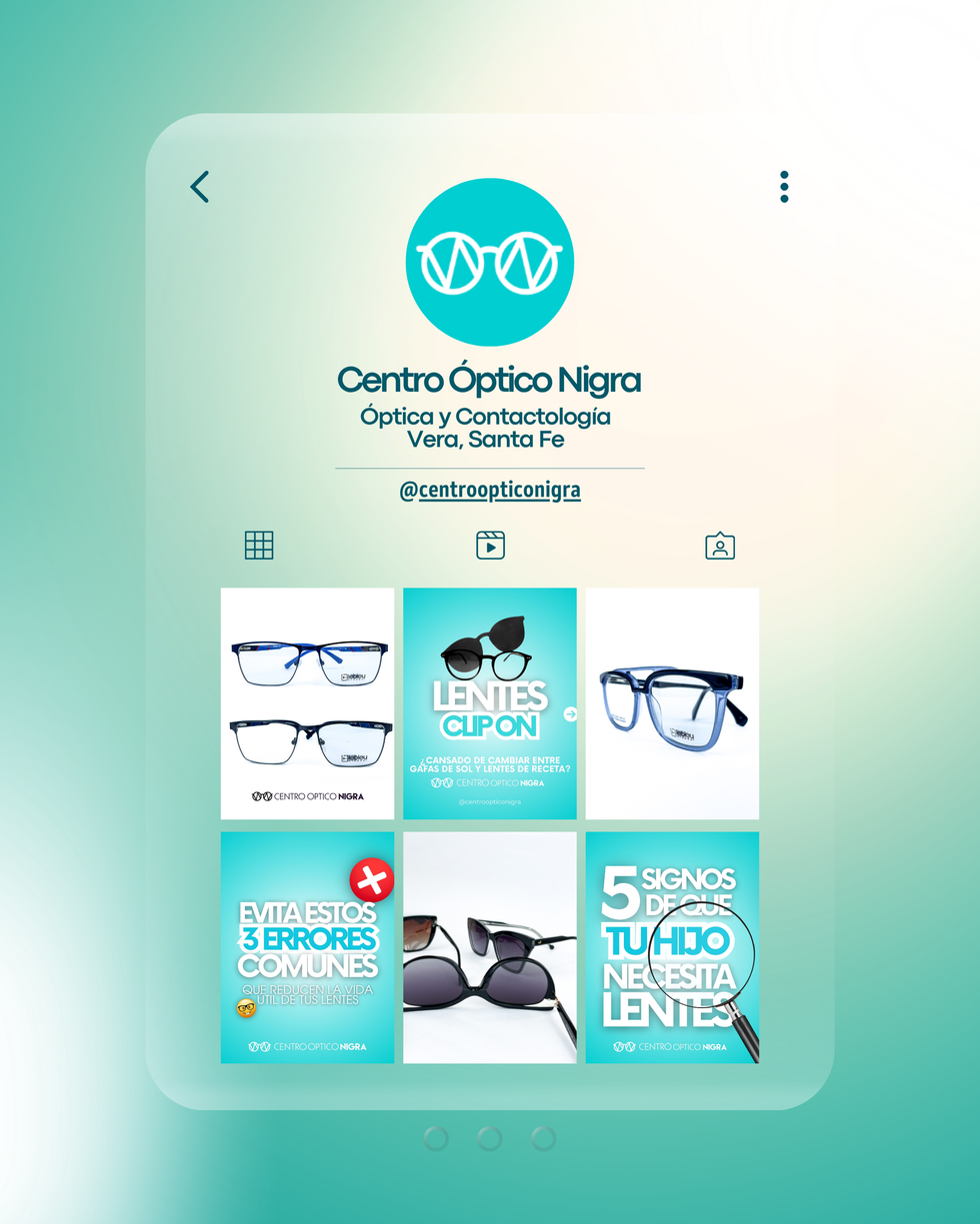 Diseño feed para optica nigra en tonos verde agua y blanco