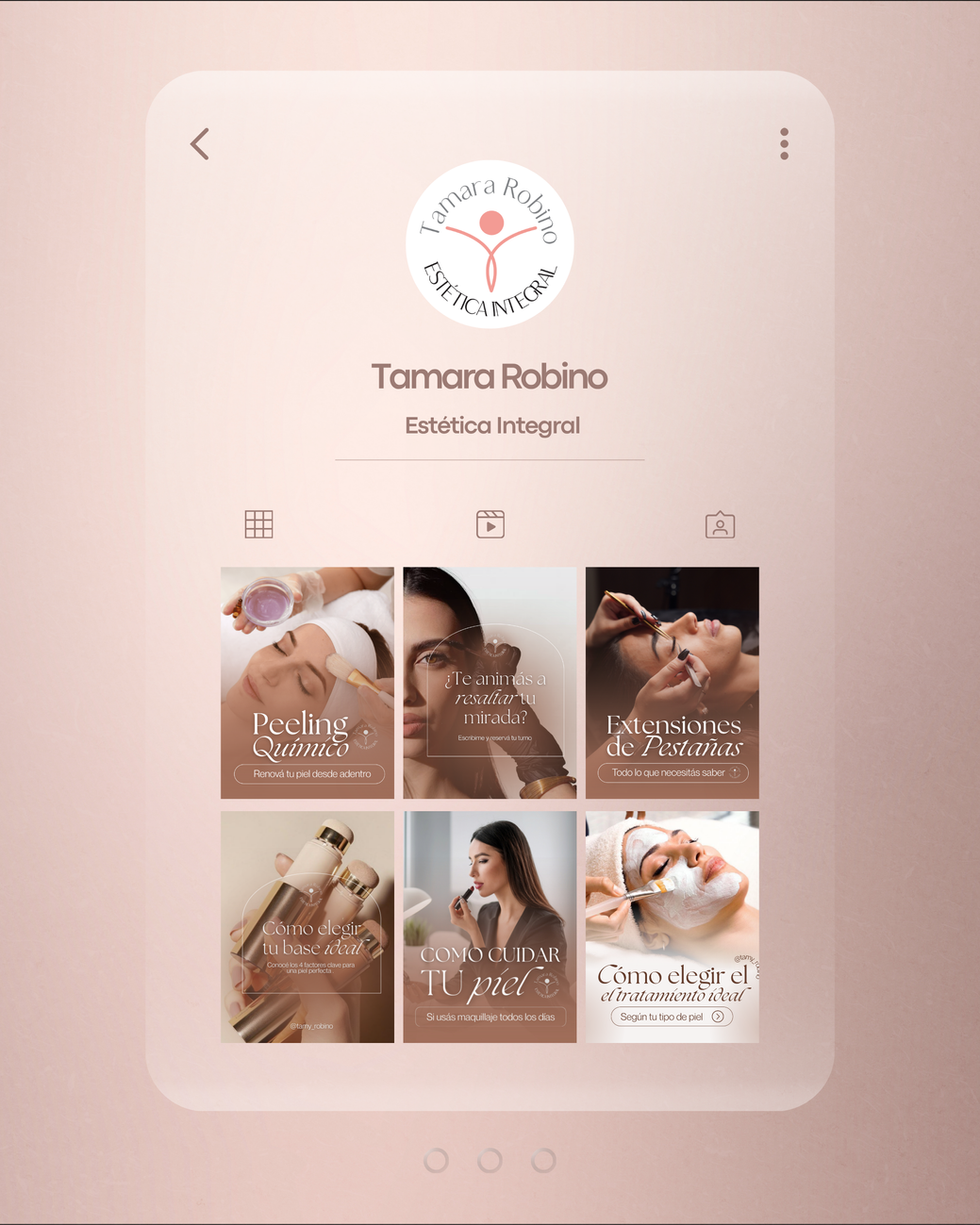 Diseño de feed para Tamara Robino estética integral en tonos beige y tierrra