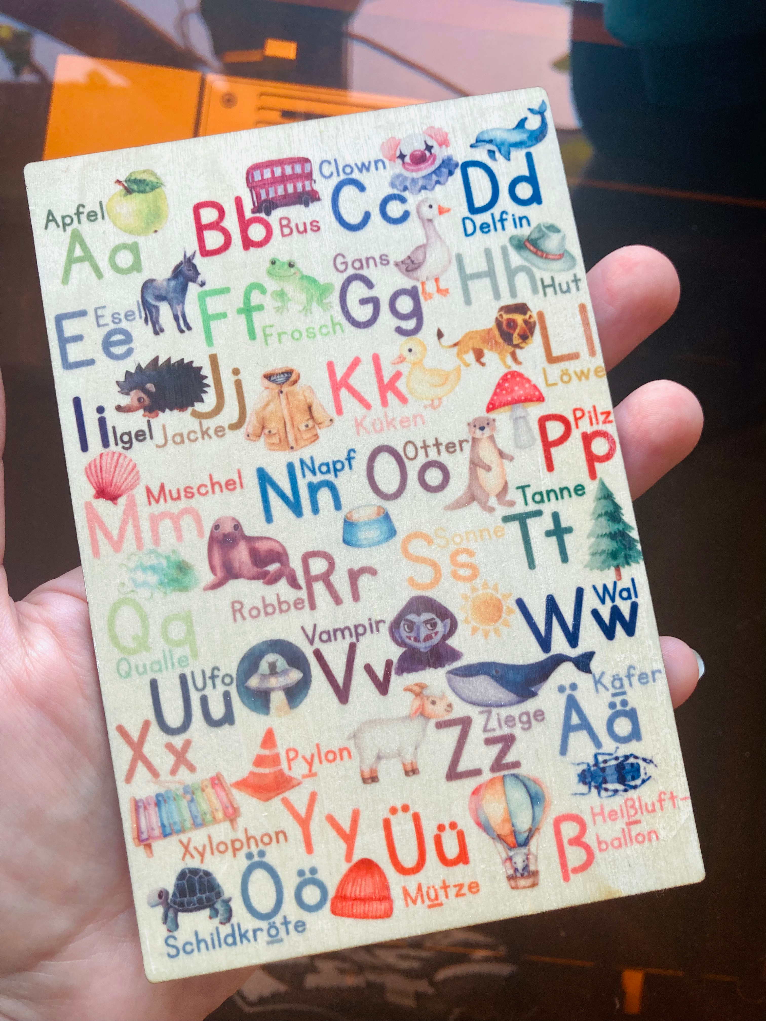 Schulkind Eco Holz Postkarte Grußkarte zur Einschulung buntes ABC