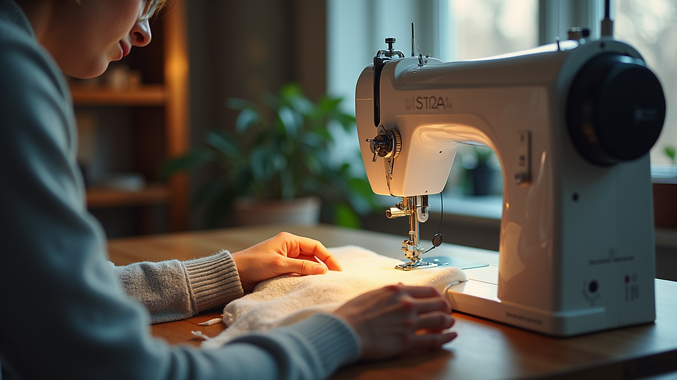 Eye-level view of a tailor’s workspace with sewing machine and fabric